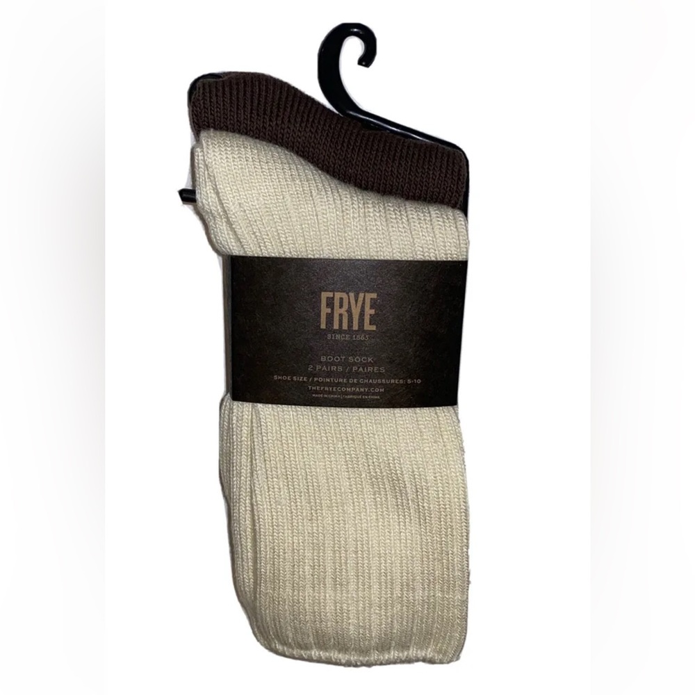 Frye Boot Socks 2 Pair Women 5-10 Cream & Brown w Logo Blend Ribbed Crew NEW!$34